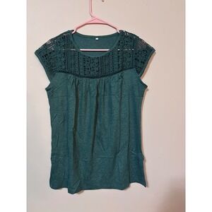 Womens Teal Lace Yoke Cap Sleeve Tunic Top Shirt Size Small